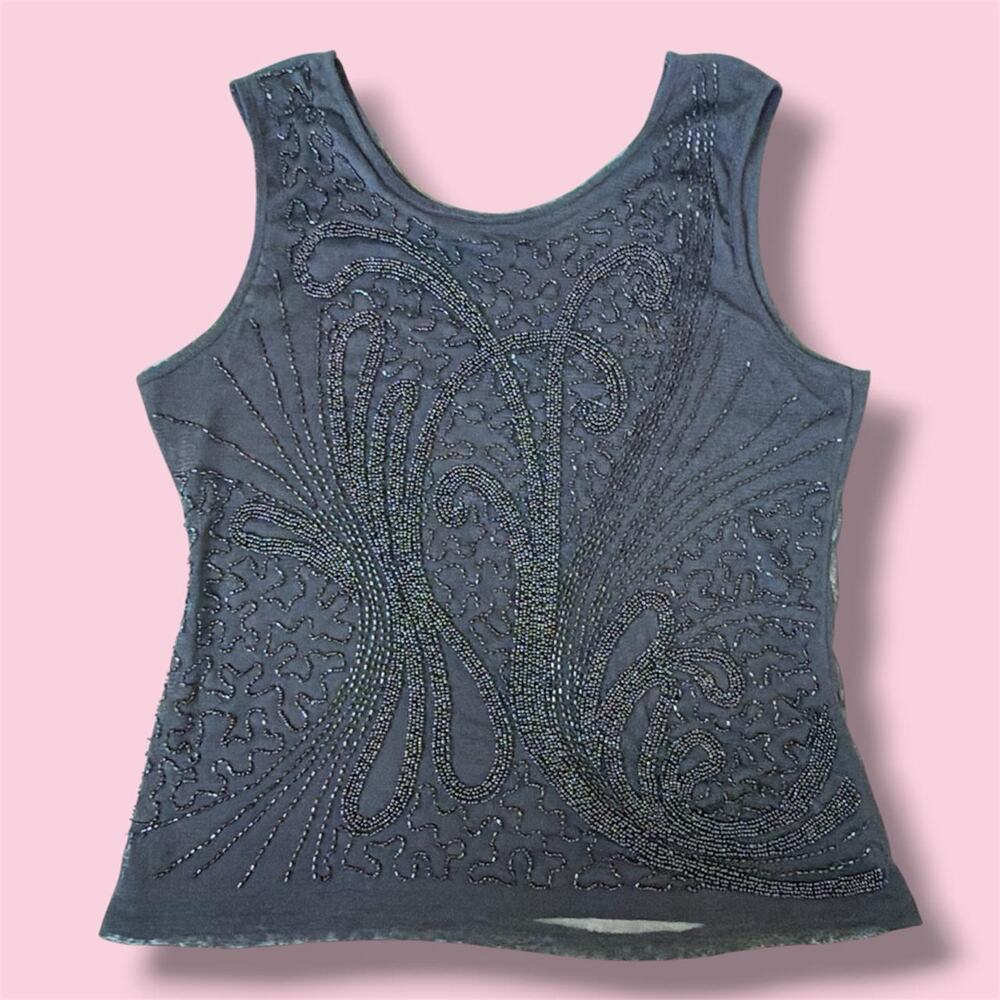 Stunning whimsigoth black beaded mesh tank top